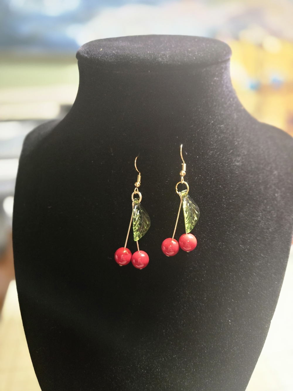 Cherry Drop Earrings - Gold Tone with Red and Green